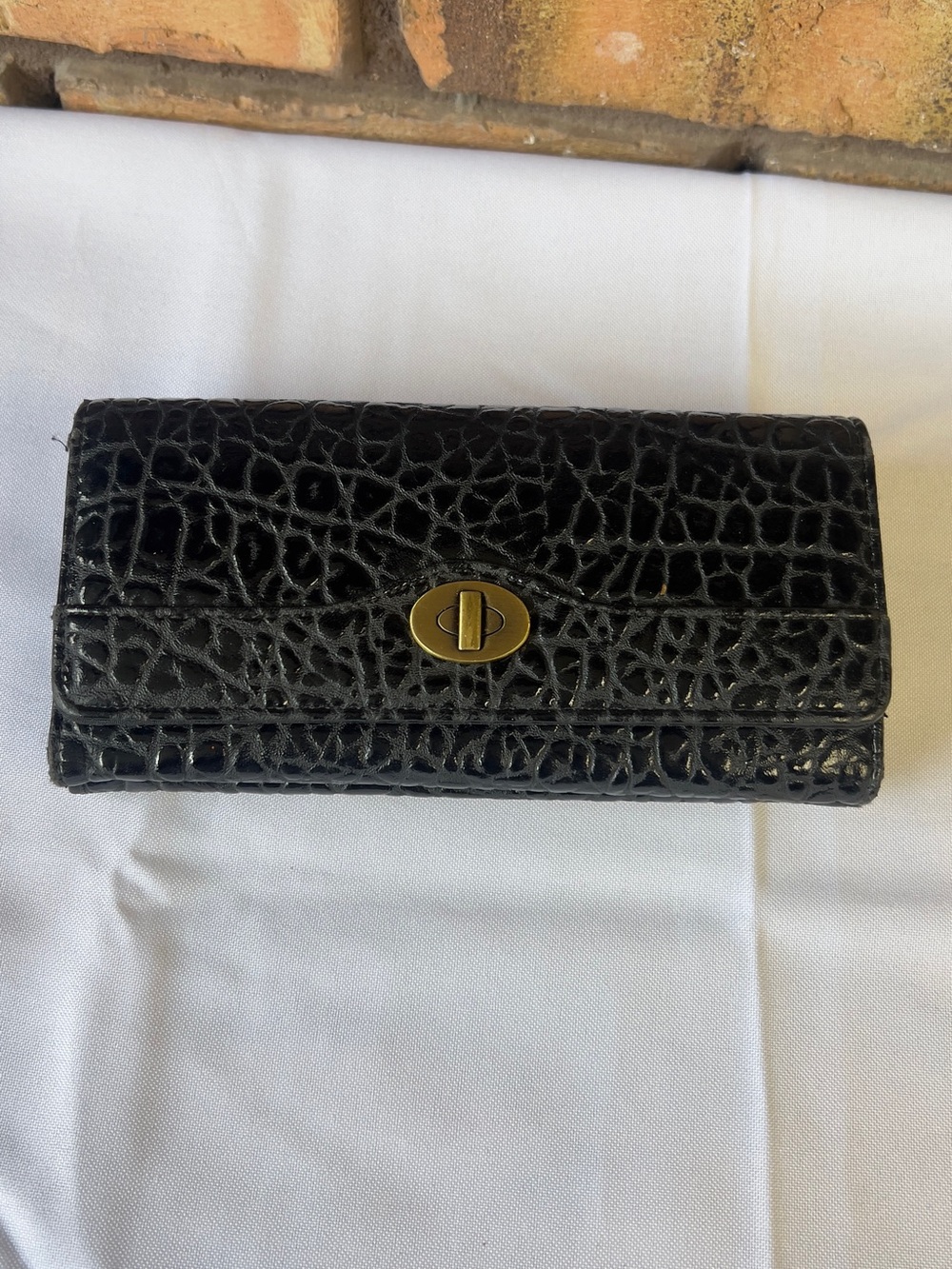 Black Croc-Embossed Leather Wallet with Gold Turn-Lock